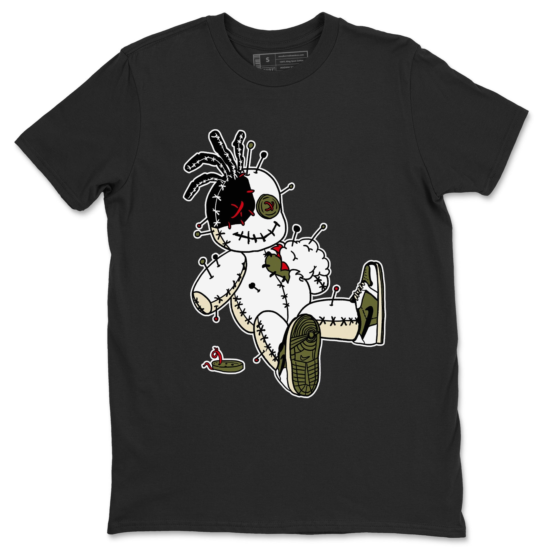 1s Travis Scott Medium Olive shirts to match jordans Voodoo Doll unique Halloween sneaker tee Air Jordan 1 Travis Scott Medium Olive SNRT Sneaker Tees streetwear brand Black 2 unisex cotton tee