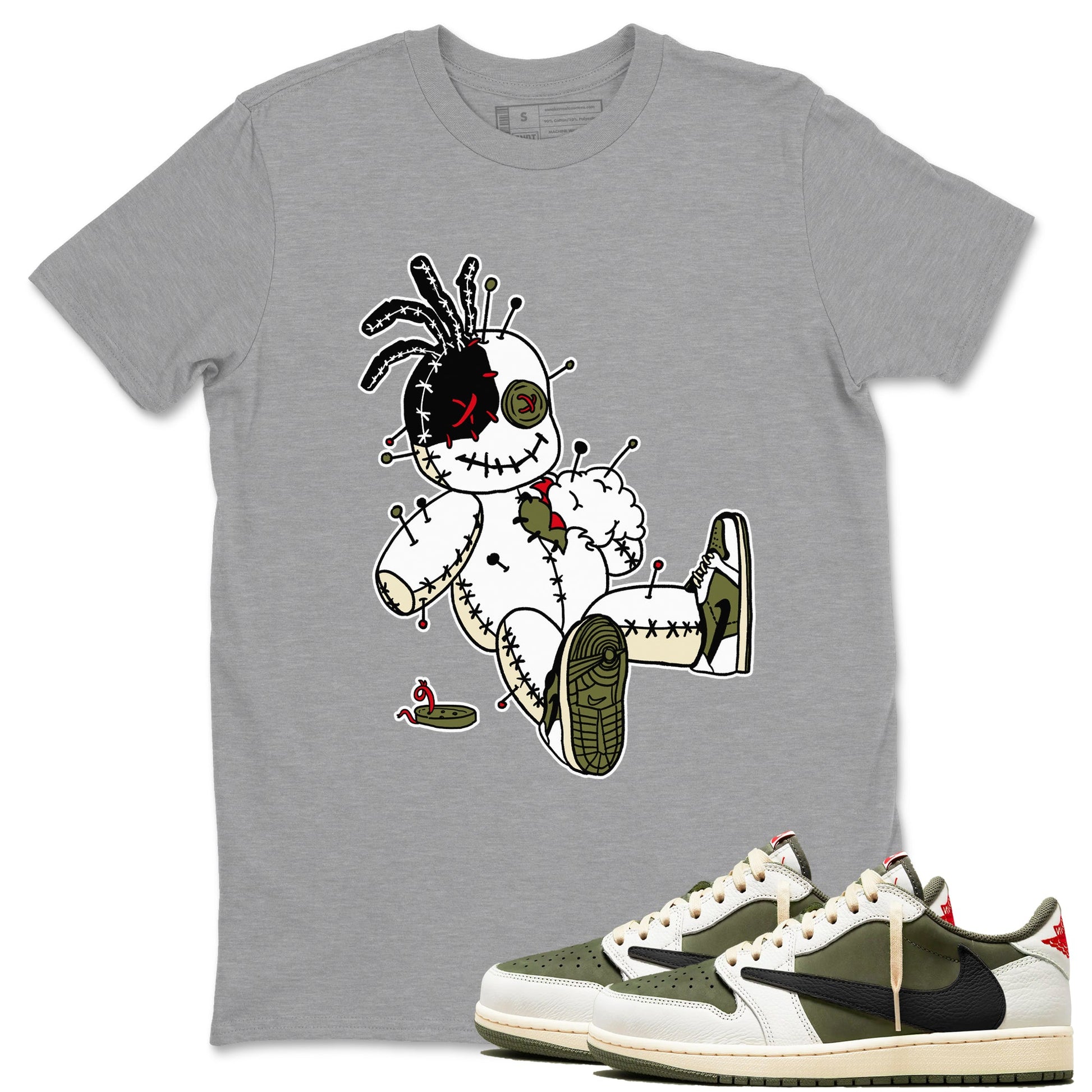 1s Travis Scott Medium Olive shirts to match jordans Voodoo Doll unique Halloween sneaker tee Air Jordan 1 Travis Scott Medium Olive SNRT Sneaker Tees streetwear brand Heather Grey 1 unisex cotton tee