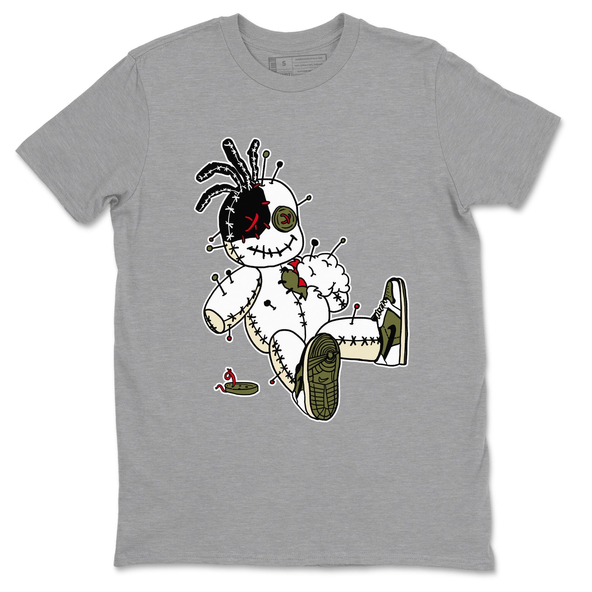 1s Travis Scott Medium Olive shirts to match jordans Voodoo Doll unique Halloween sneaker tee Air Jordan 1 Travis Scott Medium Olive SNRT Sneaker Tees streetwear brand Heather Grey 2 unisex cotton tee