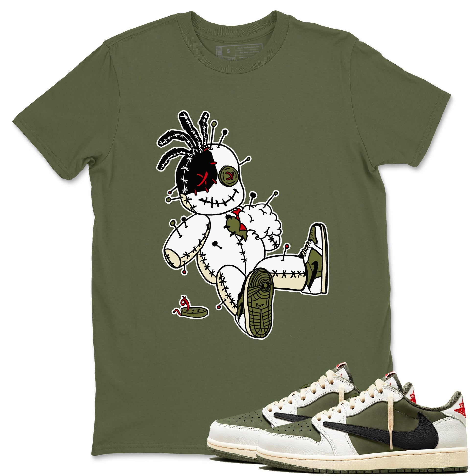 1s Travis Scott Medium Olive shirts to match jordans Voodoo Doll unique Halloween sneaker tee Air Jordan 1 Travis Scott Medium Olive SNRT Sneaker Tees streetwear brand Military Green 1 unisex cotton tee