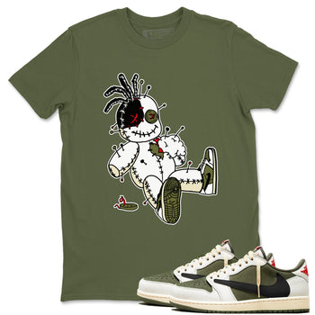 1s Travis Scott Medium Olive shirts to match jordans Voodoo Doll unique Halloween sneaker tee Air Jordan 1 Travis Scott Medium Olive SNRT Sneaker Tees streetwear brand Military Green 1 unisex cotton tee