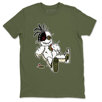 1s Travis Scott Medium Olive shirts to match jordans Voodoo Doll unique Halloween sneaker tee Air Jordan 1 Travis Scott Medium Olive SNRT Sneaker Tees streetwear brand Military Green 2 unisex cotton tee