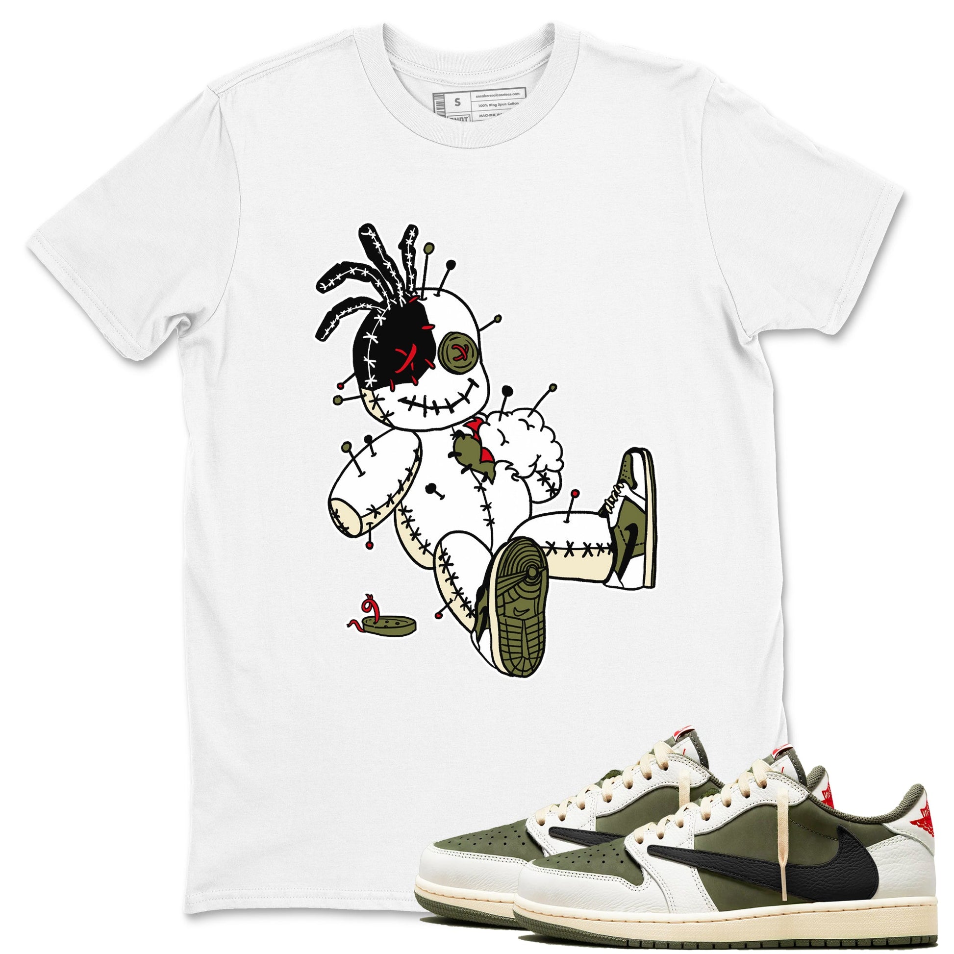 1s Travis Scott Medium Olive shirts to match jordans Voodoo Doll unique Halloween sneaker tee Air Jordan 1 Travis Scott Medium Olive SNRT Sneaker Tees streetwear brand White 1 unisex cotton tee