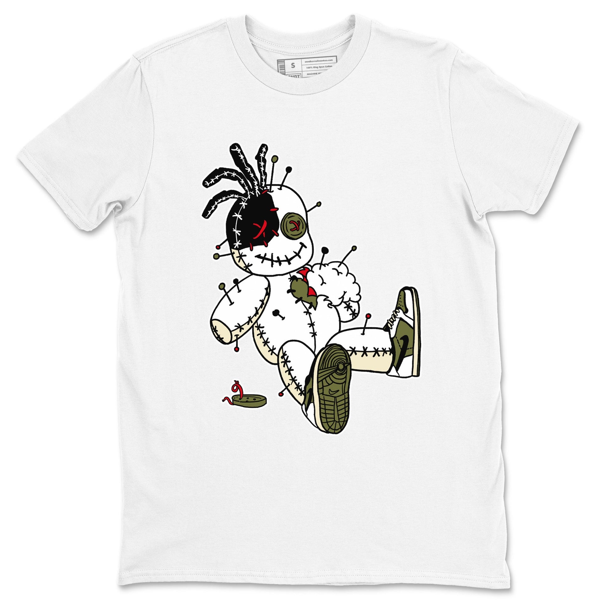 1s Travis Scott Medium Olive shirts to match jordans Voodoo Doll unique Halloween sneaker tee Air Jordan 1 Travis Scott Medium Olive SNRT Sneaker Tees streetwear brand White 2 unisex cotton tee