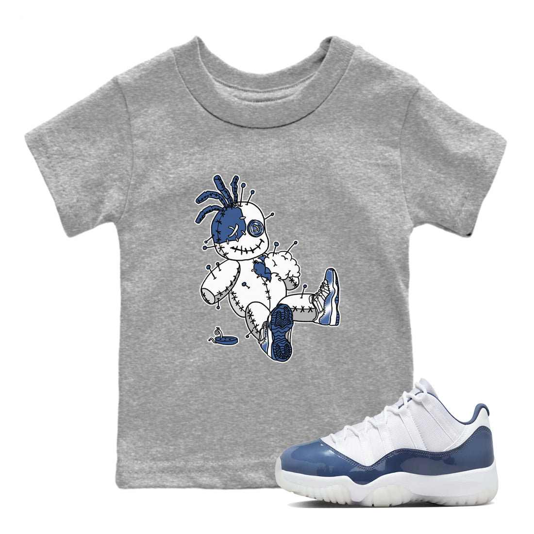 AJ11 Diffused Blue shirts to match jordans Voodoo Doll unique Halloween sneaker tee Air Jordan 11 Diffused Blue SNRT Sneaker Tees streetwear brand Baby and Youth Heather Grey 1 cotton tee
