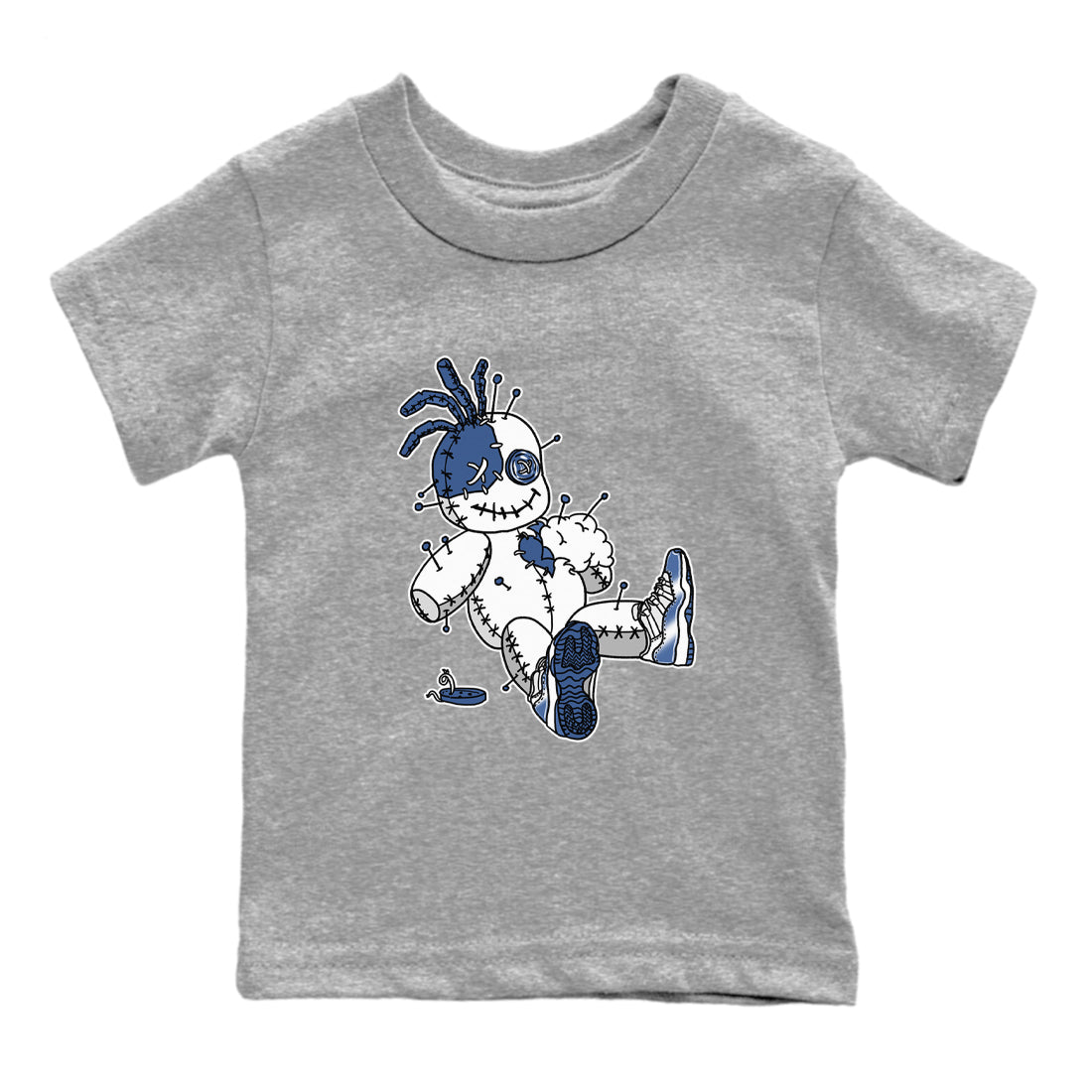 AJ11 Diffused Blue shirts to match jordans Voodoo Doll unique Halloween sneaker tee Air Jordan 11 Diffused Blue SNRT Sneaker Tees streetwear brand Baby and Youth Heather Grey 2 cotton tee