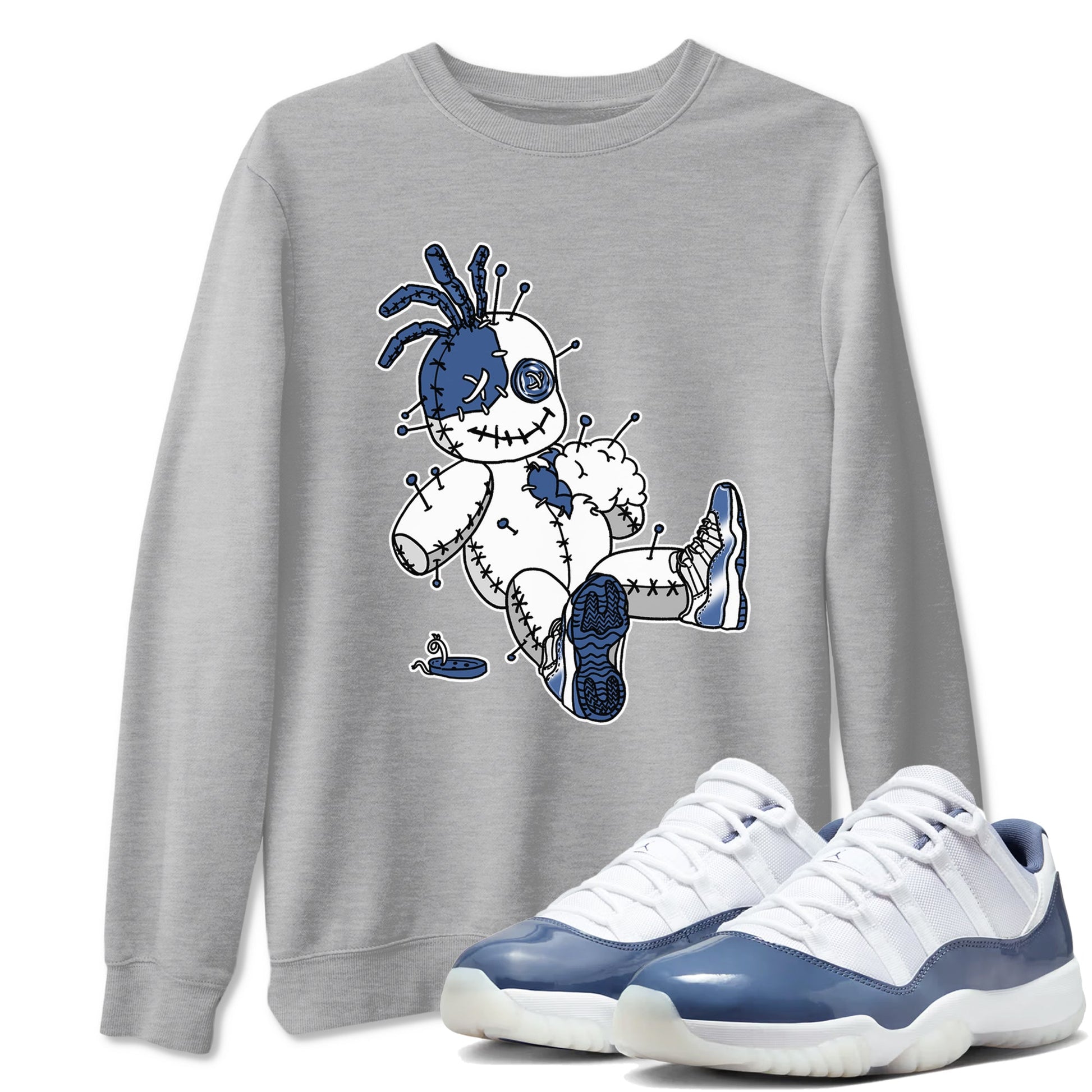 AJ11 Diffused Blue shirts to match jordans Voodoo Doll unique Halloween sneaker tee Air Jordan 11 Diffused Blue SNRT Sneaker Tees streetwear brand Heather Grey 1 unisex cotton tee