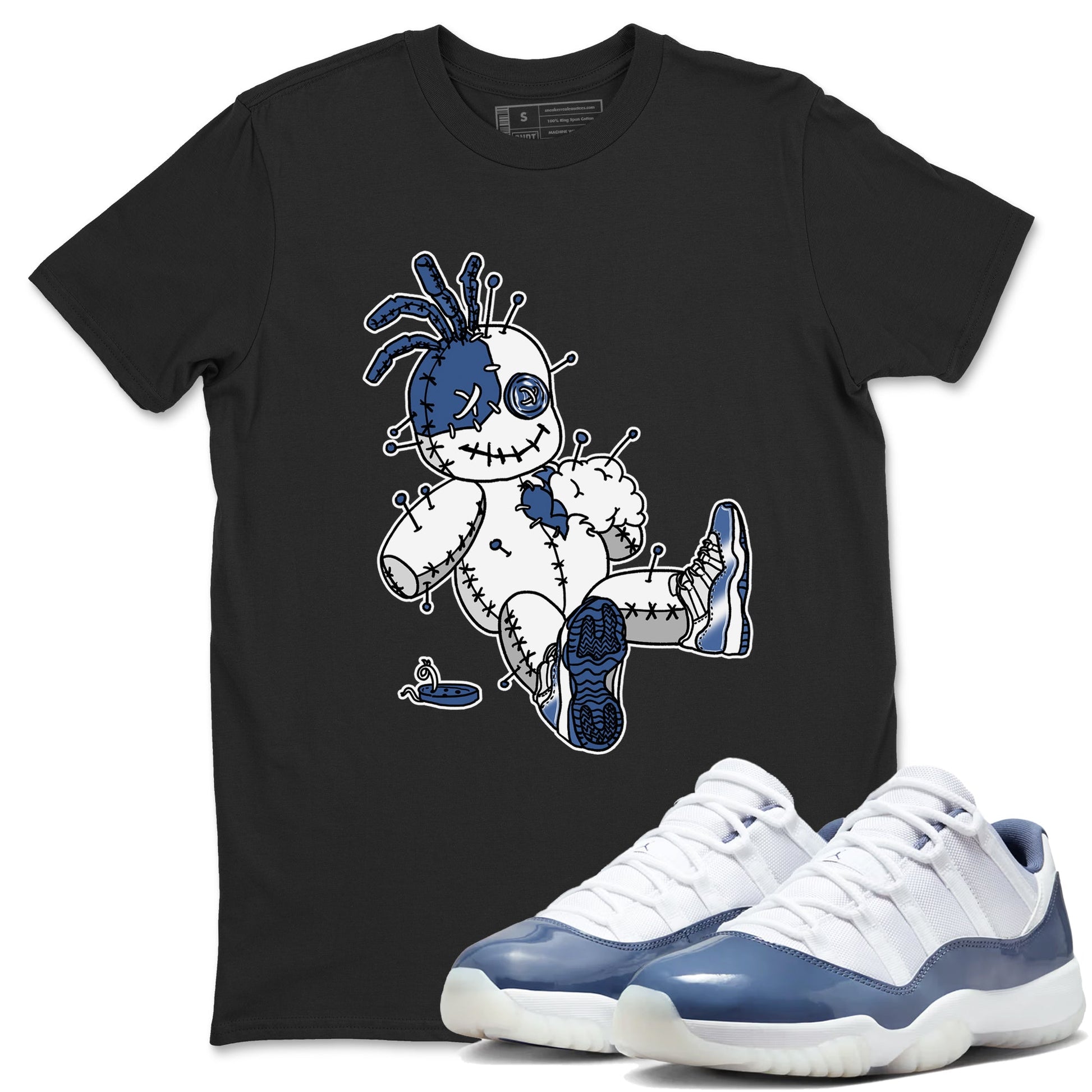 AJ11 Diffused Blue shirts to match jordans Voodoo Doll unique Halloween sneaker tee Air Jordan 11 Diffused Blue SNRT Sneaker Tees streetwear brand Black 1 unisex cotton tee