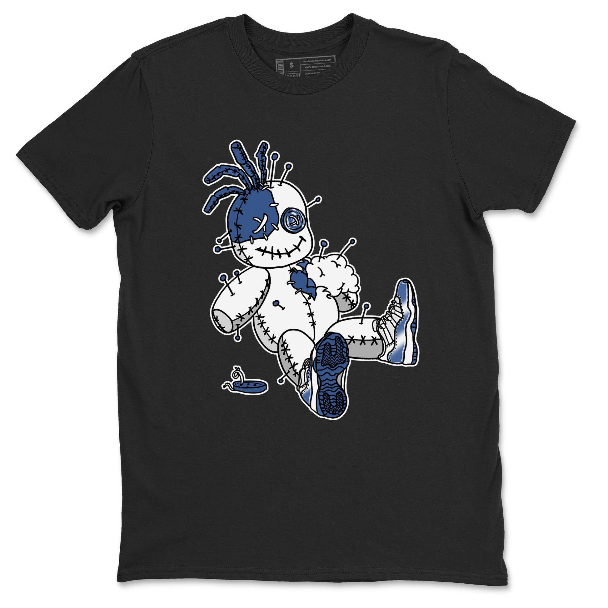 AJ11 Diffused Blue shirts to match jordans Voodoo Doll unique Halloween sneaker tee Air Jordan 11 Diffused Blue SNRT Sneaker Tees streetwear brand Black 2 unisex cotton tee