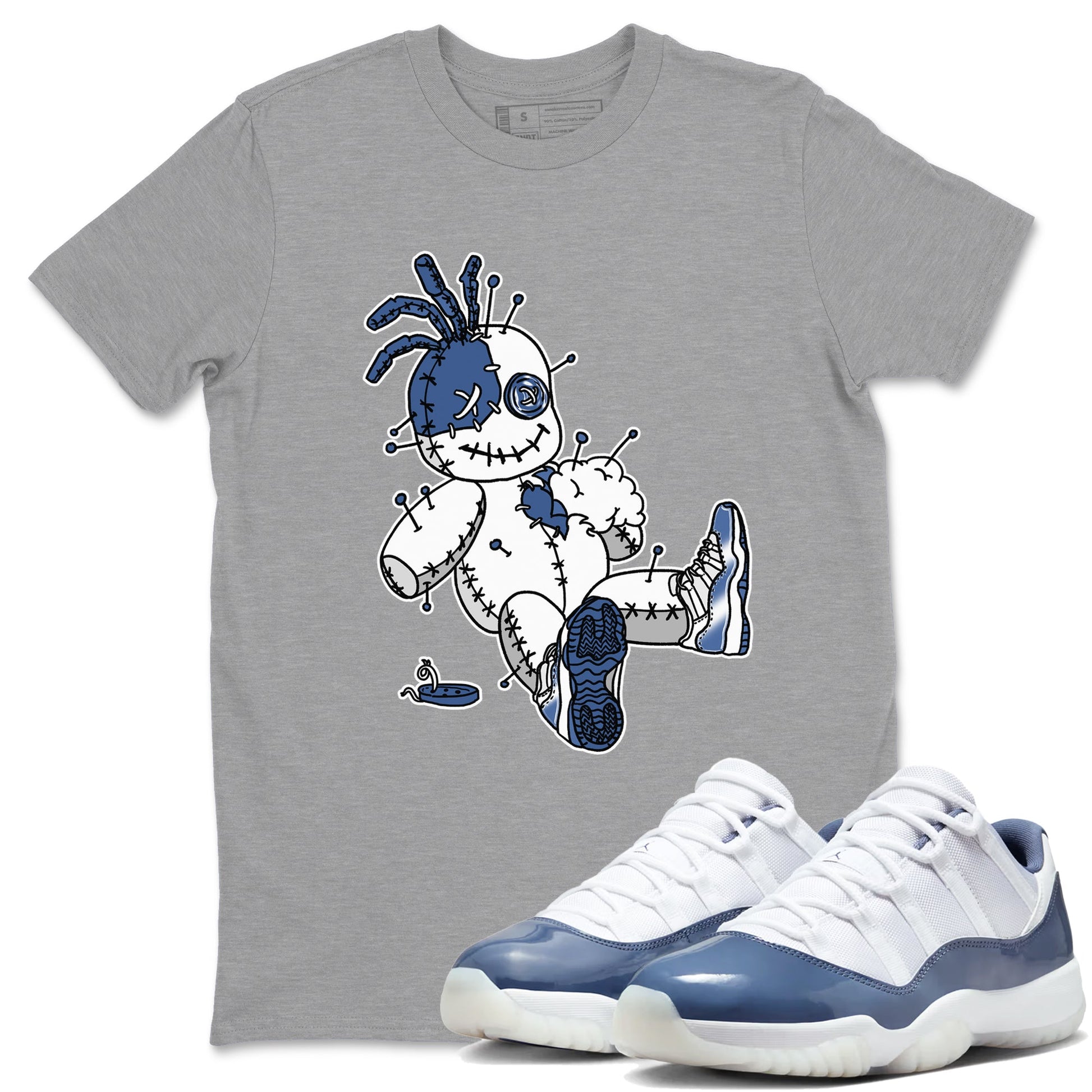 AJ11 Diffused Blue shirts to match jordans Voodoo Doll unique Halloween sneaker tee Air Jordan 11 Diffused Blue SNRT Sneaker Tees streetwear brand Heather Grey 1 unisex cotton tee