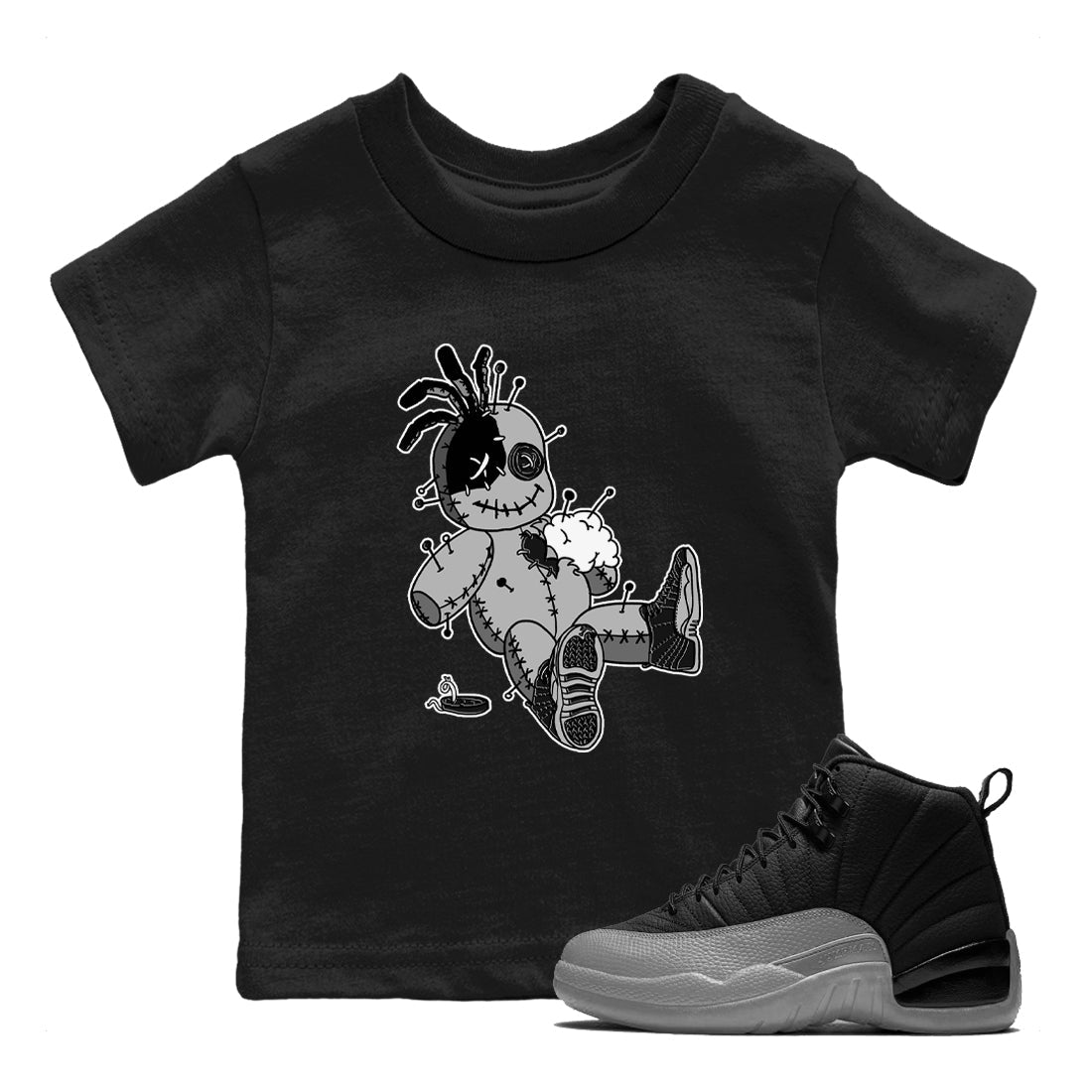 12s Black Wolf Grey shirts to match jordans Voodoo Doll unique Halloween sneaker tee 12s Baron SNRT Sneaker Release Tees Youth Baby Black 1 crew neck shirts