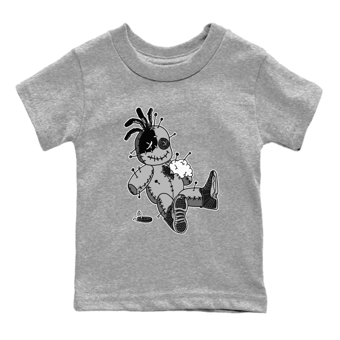 12s Black Wolf Grey shirts to match jordans Voodoo Doll unique Halloween sneaker tee 12s Baron SNRT Sneaker Release Tees Youth Baby Heather Grey 2 crew neck shirts