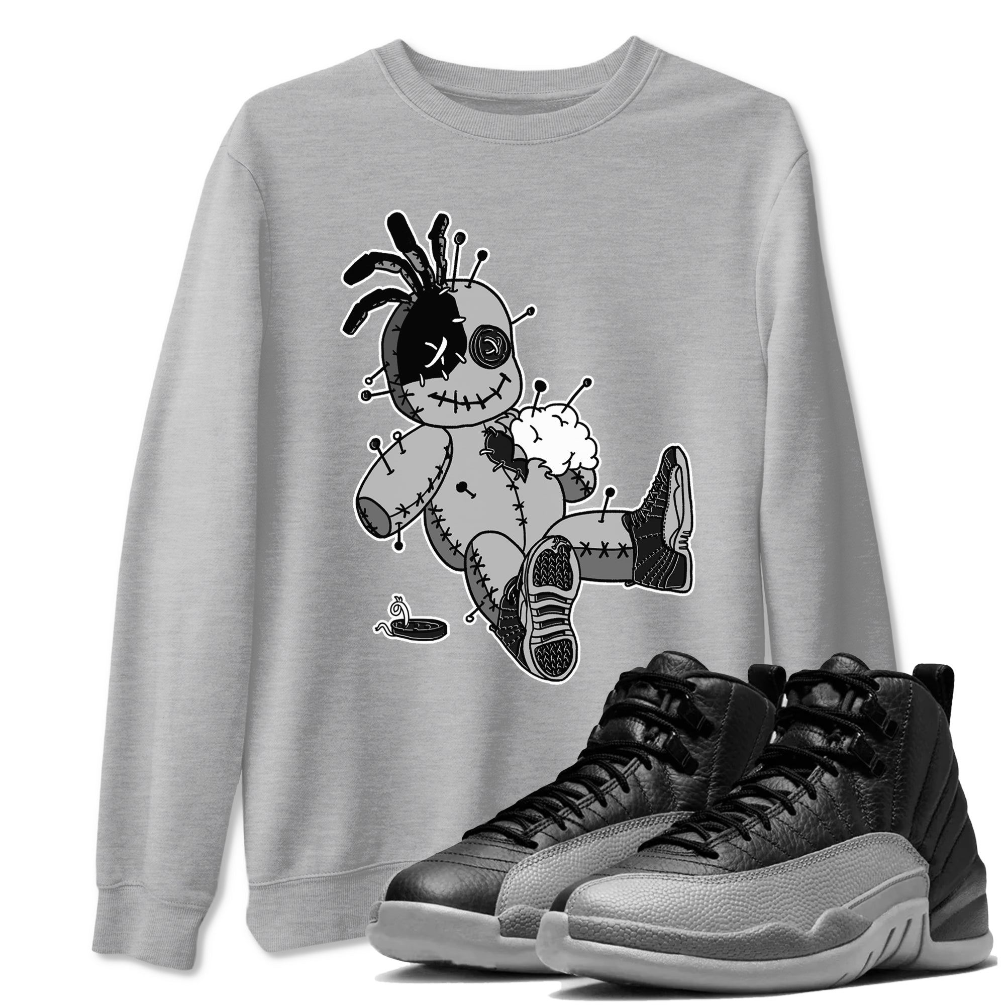 12s Black Wolf Grey shirts to match jordans Voodoo Doll unique Halloween sneaker tee 12s Baron SNRT Sneaker Release Tees unisex cotton Heather Grey 1 crew neck shirts