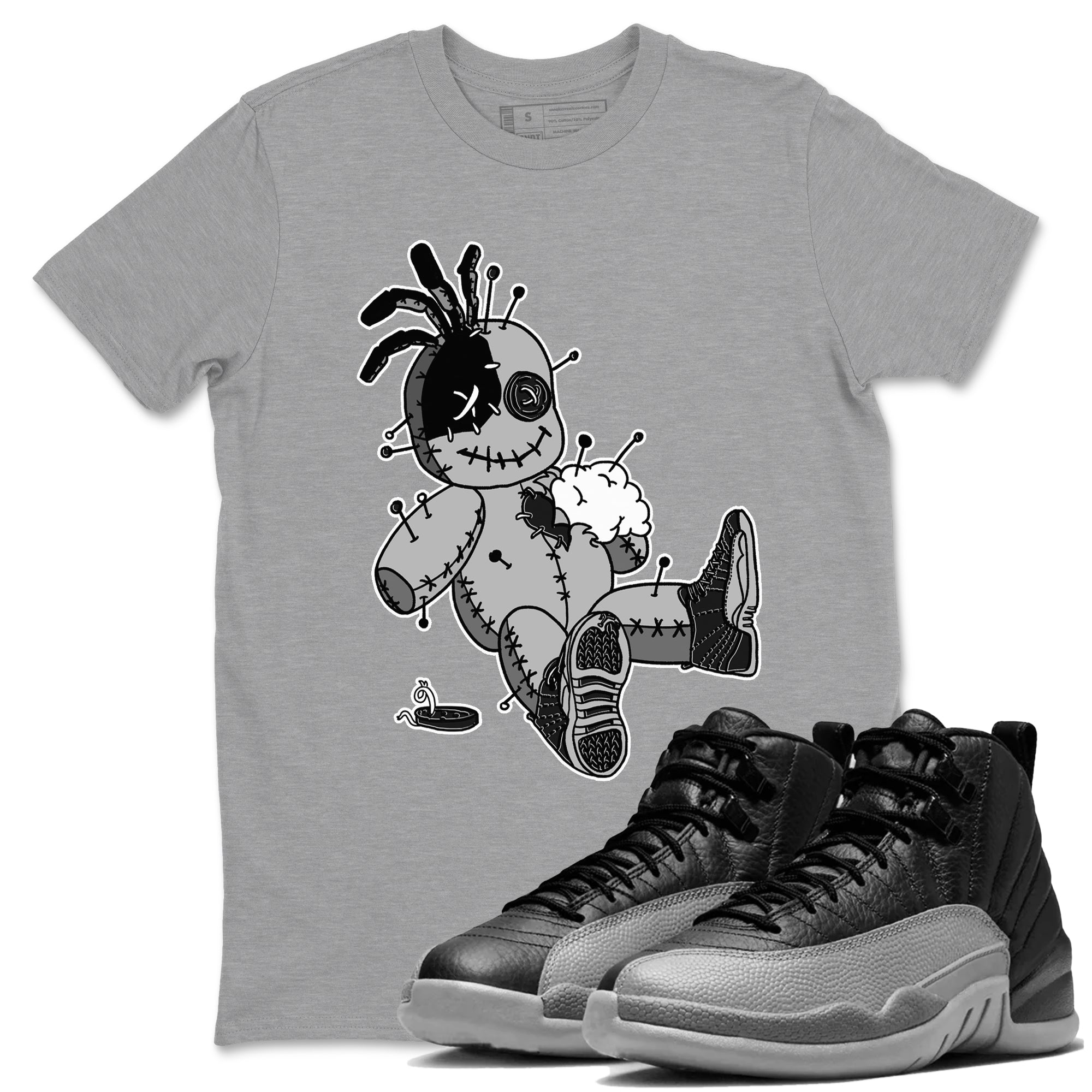 12s Black Wolf Grey shirts to match jordans Voodoo Doll unique Halloween sneaker tee 12s Baron SNRT Sneaker Release Tees unisex cotton Heather Grey 1 crew neck shirts