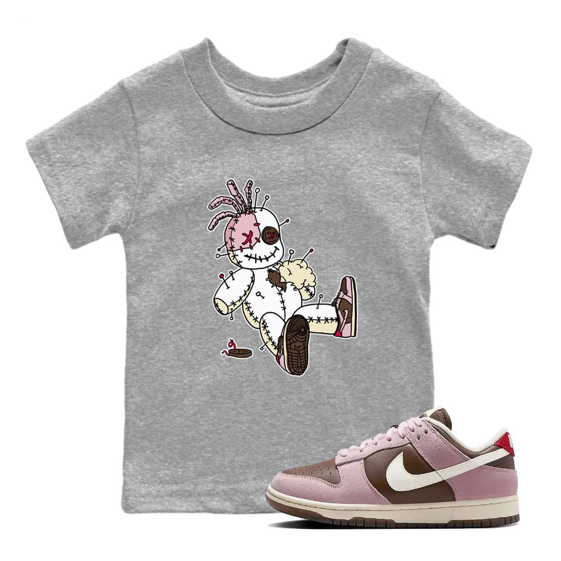 Dunk Cacao Wow And Pink Foam shirts to match jordans Voodoo Doll unique Halloween sneaker tee Dunk Cacao Wow And Pink Foam SNRT Sneaker Tees streetwear brand Baby and Youth Heather Grey 1 cotton tee