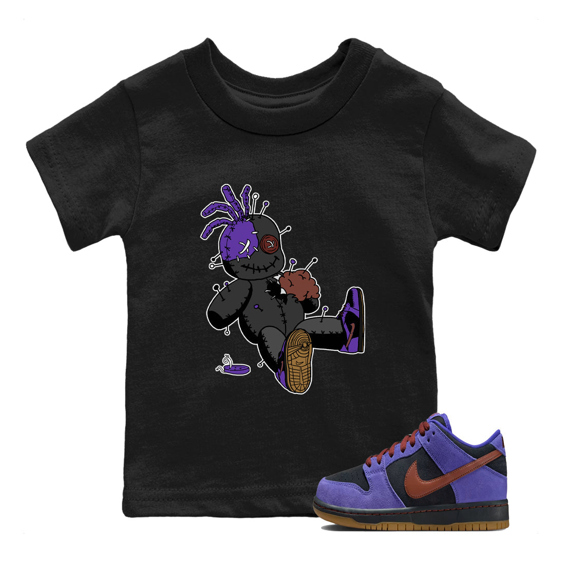 Sneaker match tees – Sneaker Threads To Match Dunk Low Persian Violet Shoes – Voodoo Doll Kids T-Shirt Black 1