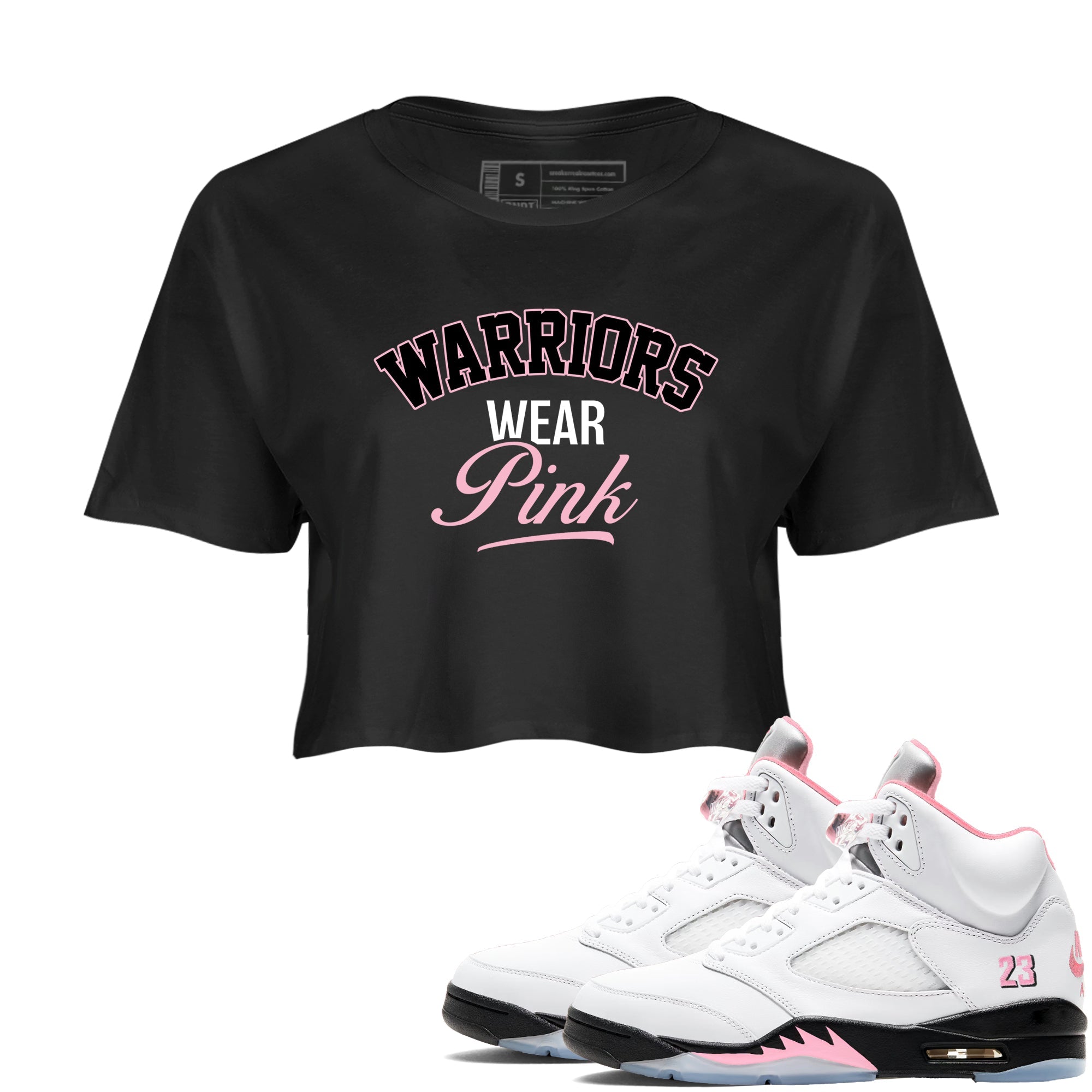 Sneaker Threads Sneaker Tees To Match Air Jordan 5 Medium Soft Pink Warriors Wear Pink Crop Tee Black 1. Perfect for Jordan releases 2025 colorways. breast cancer awareness.
