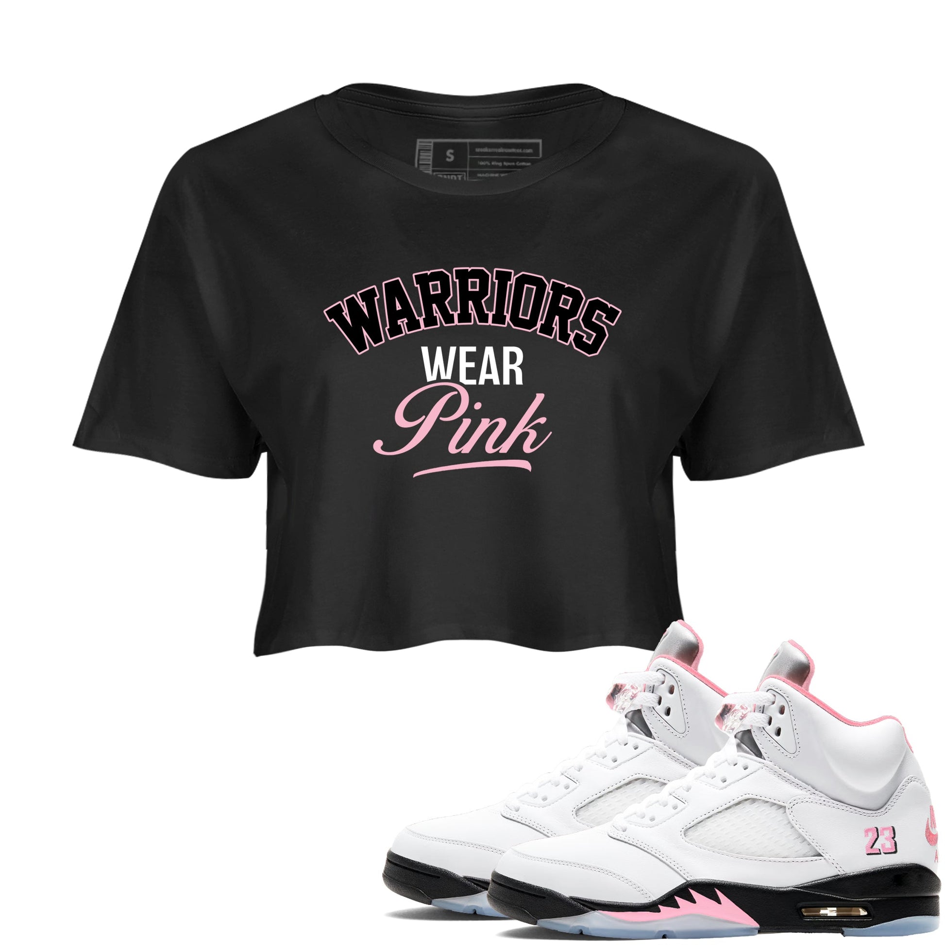Sneaker Threads Sneaker Tees To Match Air Jordan 5 Medium Soft Pink Warriors Wear Pink Crop Tee Black 1. Perfect for Jordan releases 2025 colorways. breast cancer awareness.