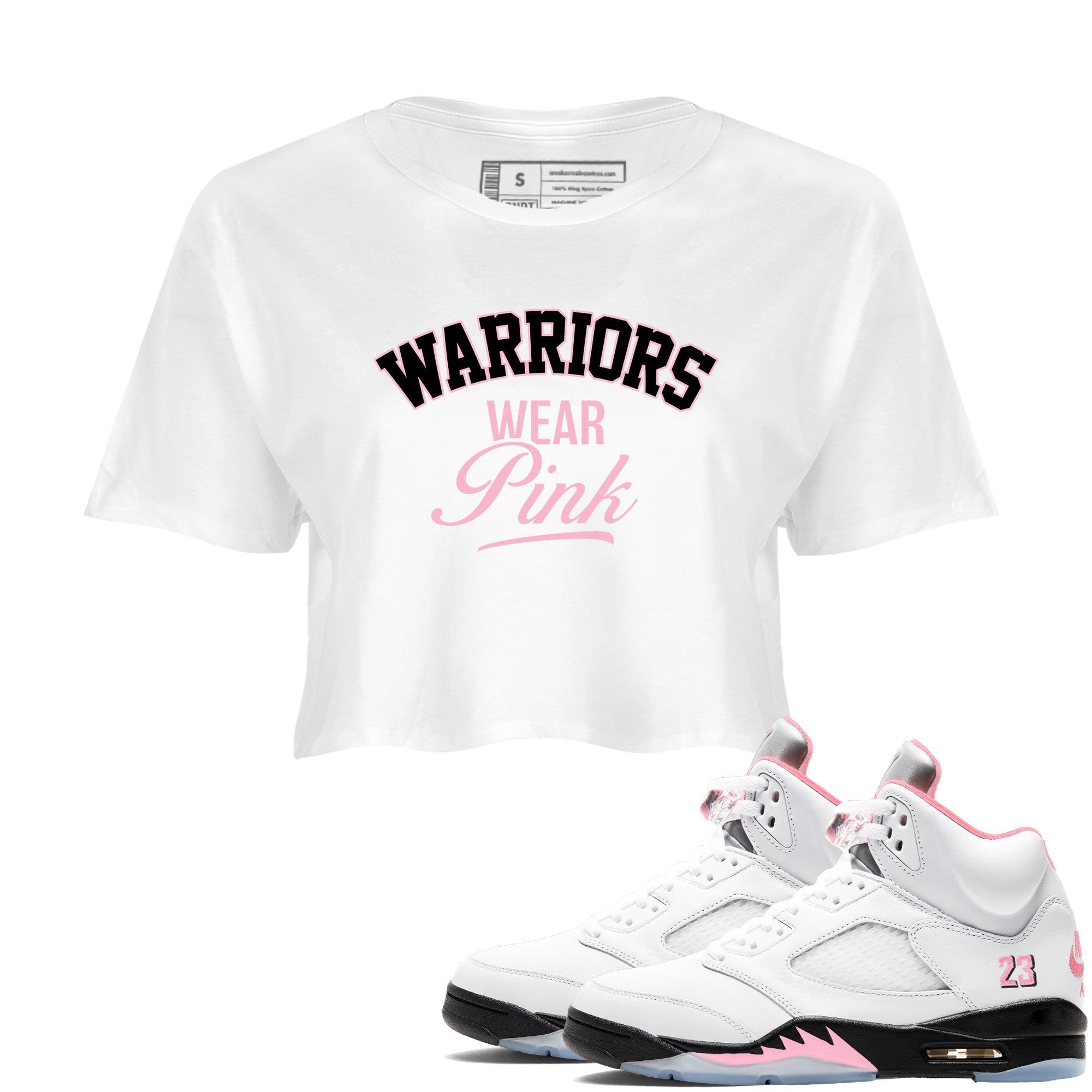 Sneaker Threads Sneaker Tees To Match Air Jordan 5 Medium Soft Pink Warriors Wear Pink Crop Tee White 1. Perfect for Jordan releases 2025 colorways. breast cancer awareness.