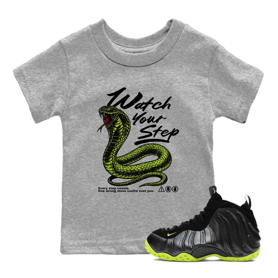 Foams One Black Volt shirts to match jordans Watch Your Step sneaker match tees Air Foamposite One Black Volt match shoes to clothes SNRT Sneaker Tees Youth Baby Heather Grey 1 tee