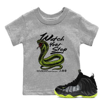 Foams One Black Volt shirts to match jordans Watch Your Step sneaker match tees Air Foamposite One Black Volt match shoes to clothes SNRT Sneaker Tees Youth Baby Heather Grey 1 tee