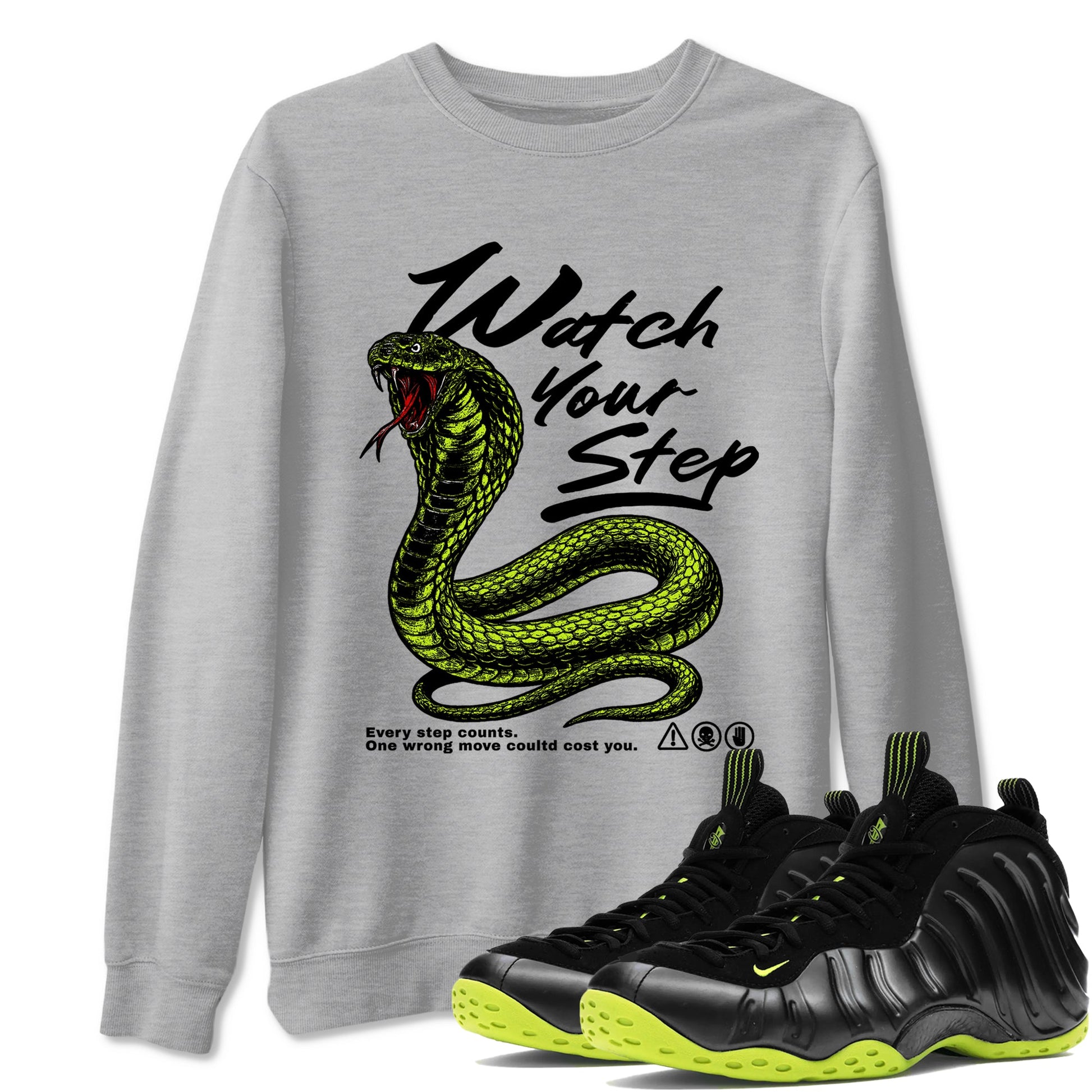 Foams One Black Volt shirts to match jordans Watch Your Step sneaker match tees Air Foamposite One Black Volt match shoes to clothes SNRT Sneaker Tees unisex cotton Heather Grey 1 shirts