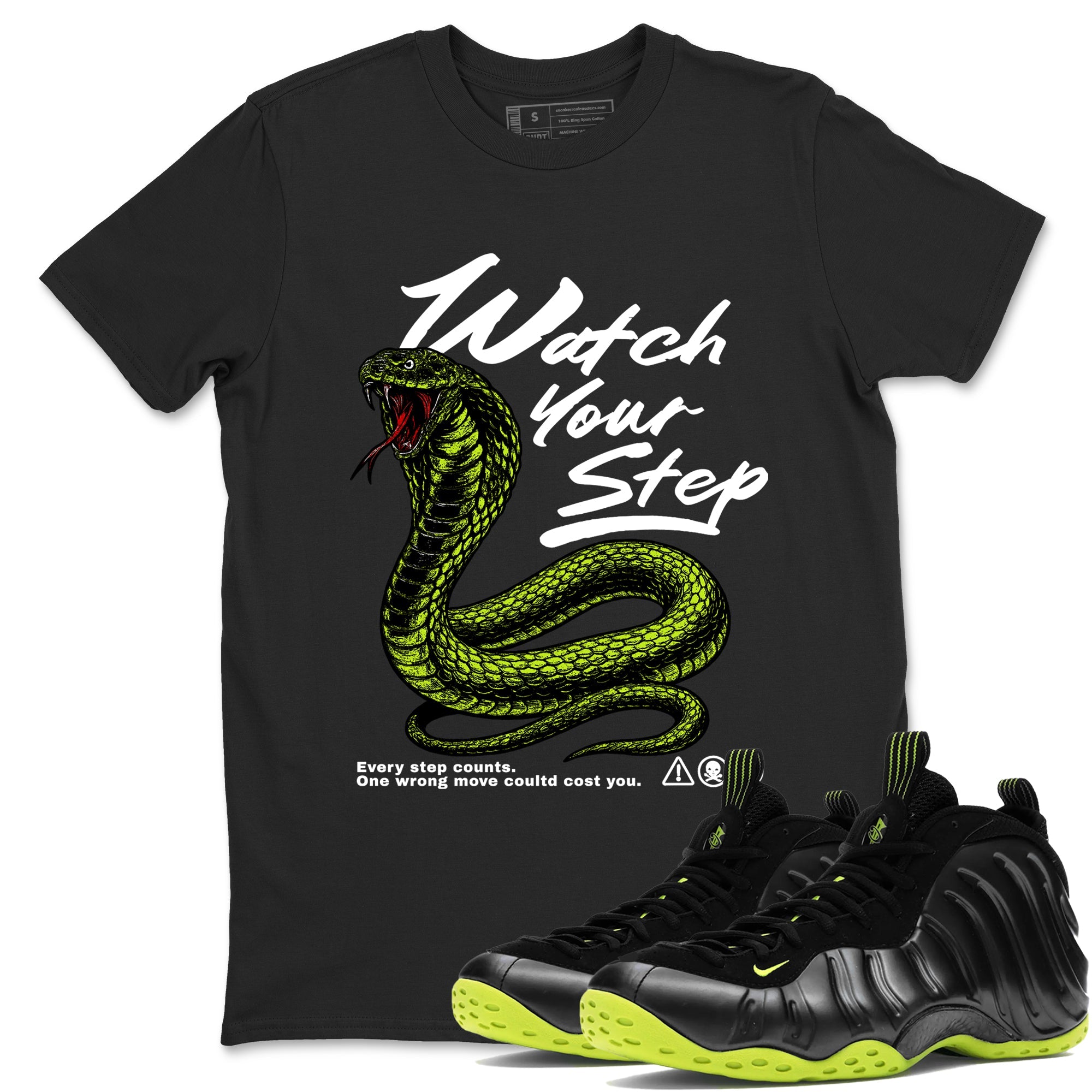 Foams One Black Volt shirts to match jordans Watch Your Step sneaker match tees Air Foamposite One Black Volt match shoes to clothes SNRT Sneaker Tees unisex cotton Black 1 shirts