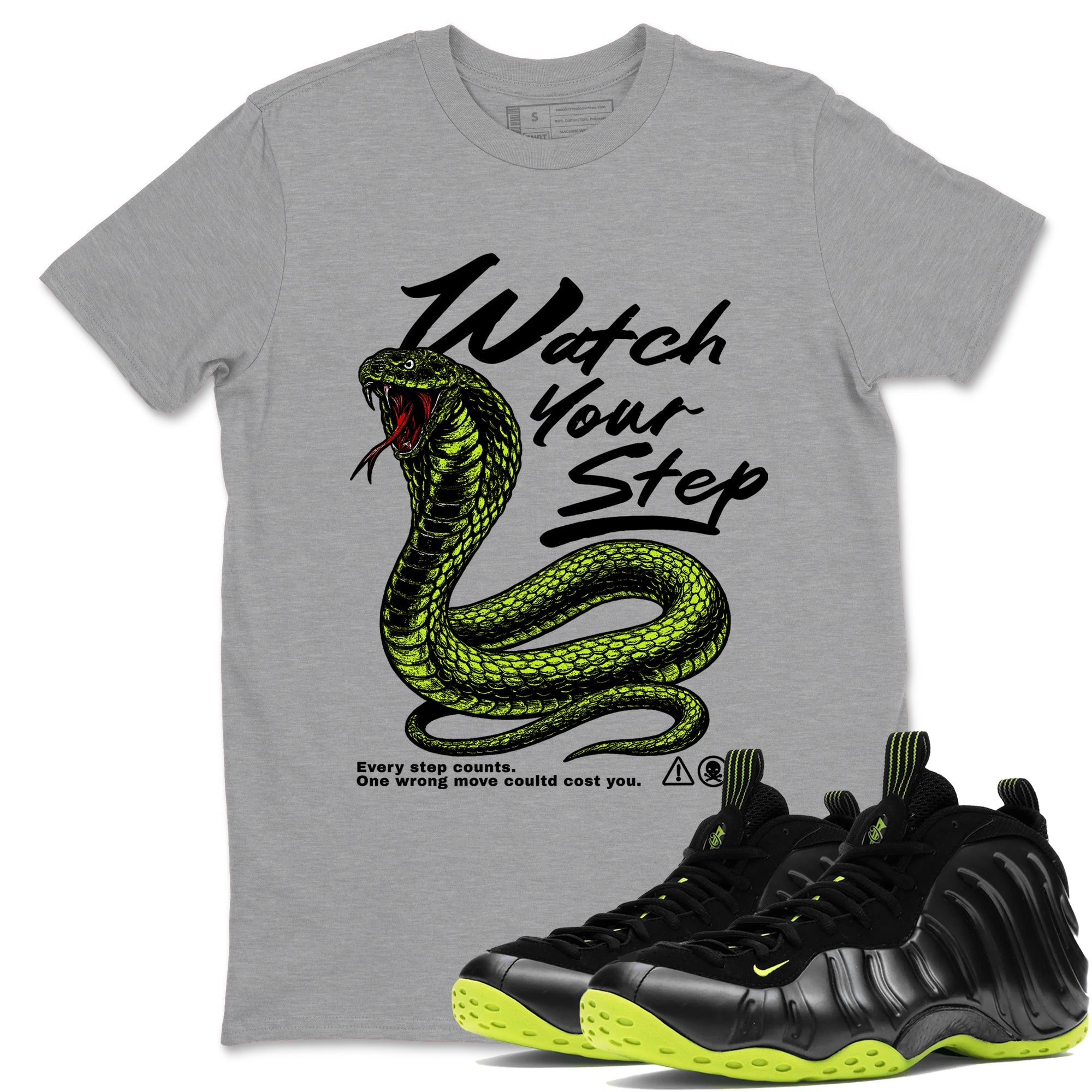 Foams One Black Volt shirts to match jordans Watch Your Step sneaker match tees Air Foamposite One Black Volt match shoes to clothes SNRT Sneaker Tees unisex cotton Heather Grey 1 shirts