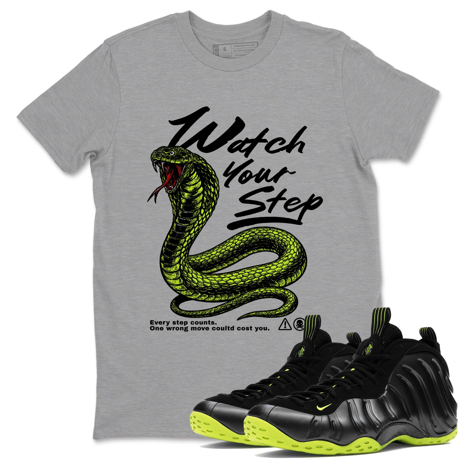 Foams One Black Volt shirts to match jordans Watch Your Step sneaker match tees Air Foamposite One Black Volt match shoes to clothes SNRT Sneaker Tees unisex cotton Heather Grey 1 shirts
