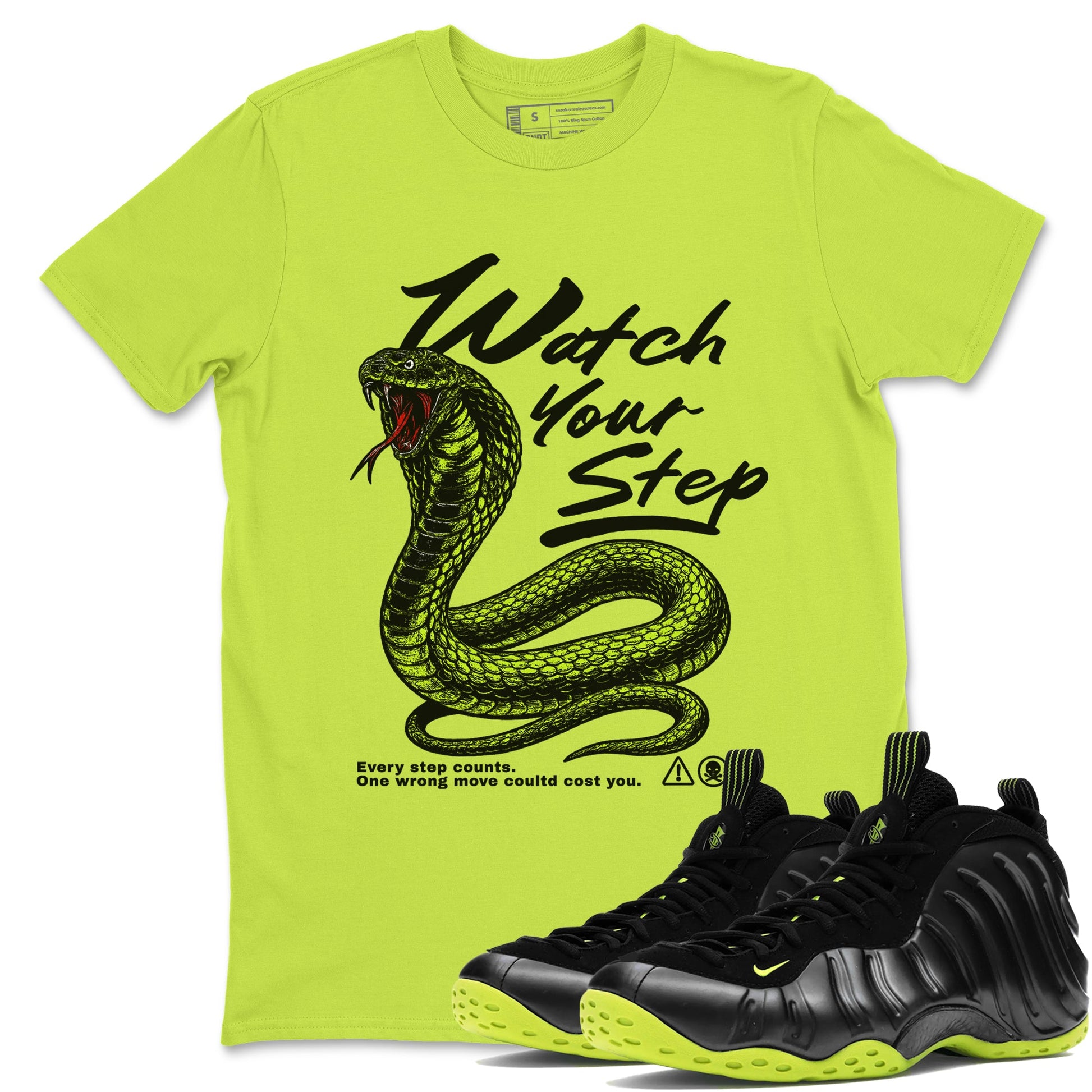 Foams One Black Volt shirts to match jordans Watch Your Step sneaker match tees Air Foamposite One Black Volt match shoes to clothes SNRT Sneaker Tees unisex cotton Safety Green 1 shirts