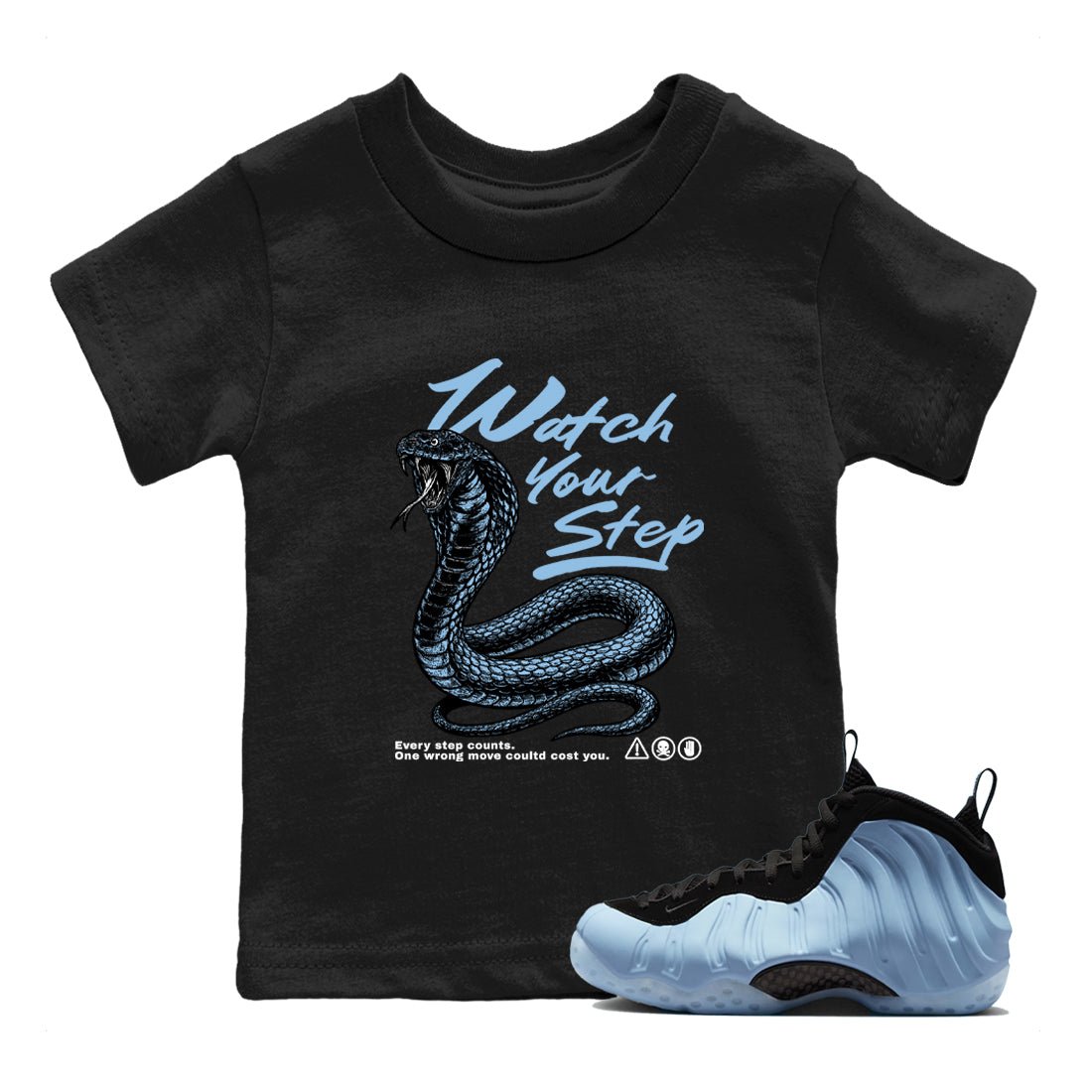 Watch Your Step baby and kids t-shirt crafted for little sneakerheads to shine with the Air Foamposite One Psychic Blue sneakers, displayed in Black 1.