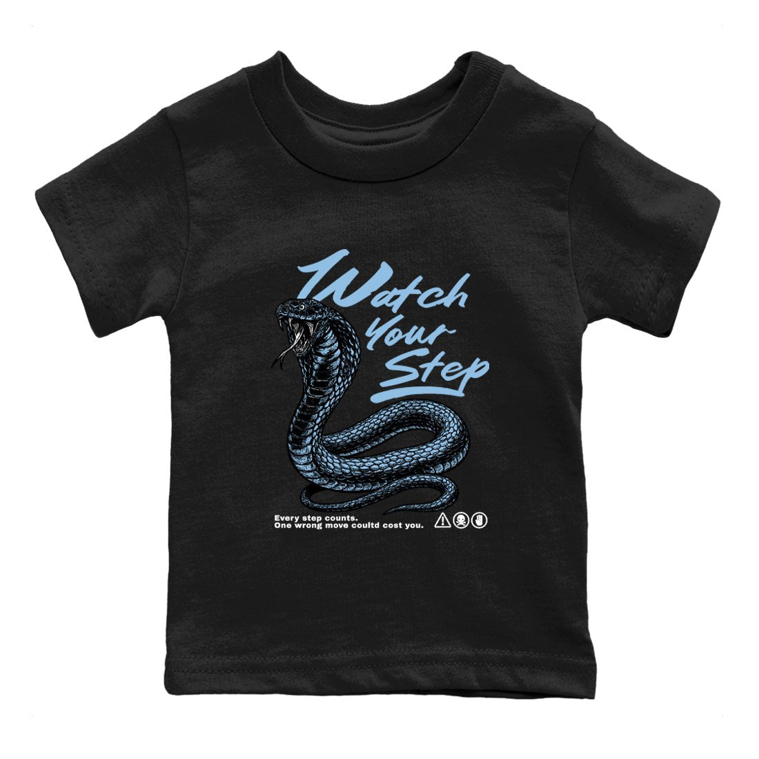 Watch Your Step baby and kids t-shirt crafted for little sneakerheads to shine with the Air Foamposite One Psychic Blue sneakers, displayed in Black 2.
