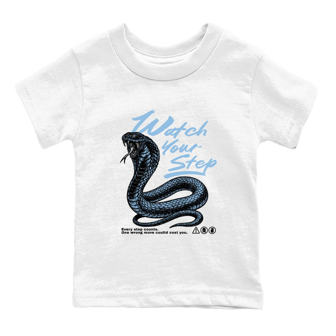 Watch Your Step baby and kids t-shirt crafted for little sneakerheads to shine with the Air Foamposite One Psychic Blue sneakers, displayed in White 2.