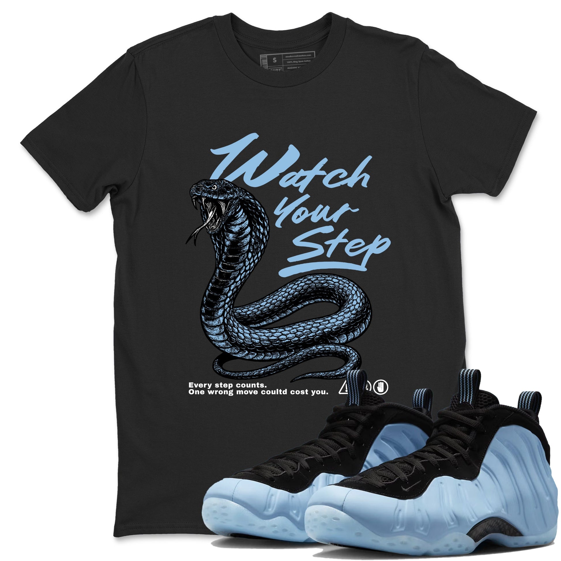 Watch Your Step sneaker match t-shirt styled to complete your fit with the Air Foamposite One Psychic Blue sneakers, shown in Black 1.
