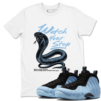 Watch Your Step sneaker match t-shirt styled to complete your fit with the Air Foamposite One Psychic Blue sneakers, shown in White 1.