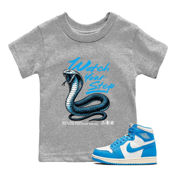 1s UNC Reimagined shirts to match jordans Watch Your Step sneaker match tees AJ1 Retro High OG UNC Reimagined match shoes to clothes SNRT Sneaker Tees Youth Baby Heather Grey 1 tee