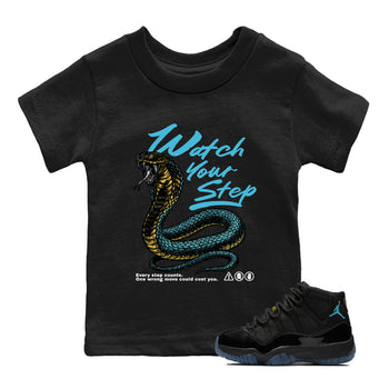 Sneaker Threads – Sneaker Tees To Match Air Jordan 11 Retro Gamma – Watch Your Step Youth Graphic Tee Black 1. Perfect for Jordan releases 2025 colorways.