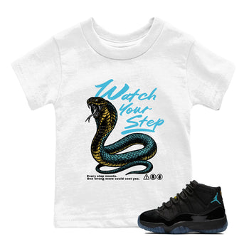 Sneaker Threads – Sneaker Tees To Match Air Jordan 11 Retro Gamma – Watch Your Step Youth Graphic Tee White 1. Perfect for Jordan releases 2025 colorways.