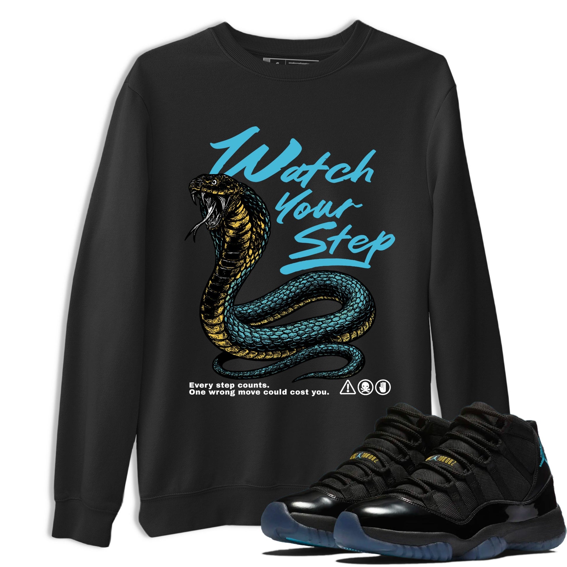 Sneaker Threads – Sneaker Tees To Match Air Jordan 11 Retro Gamma – Watch Your Step Graphic Tee Black 1. Perfect for Jordan releases 2025 colorways.