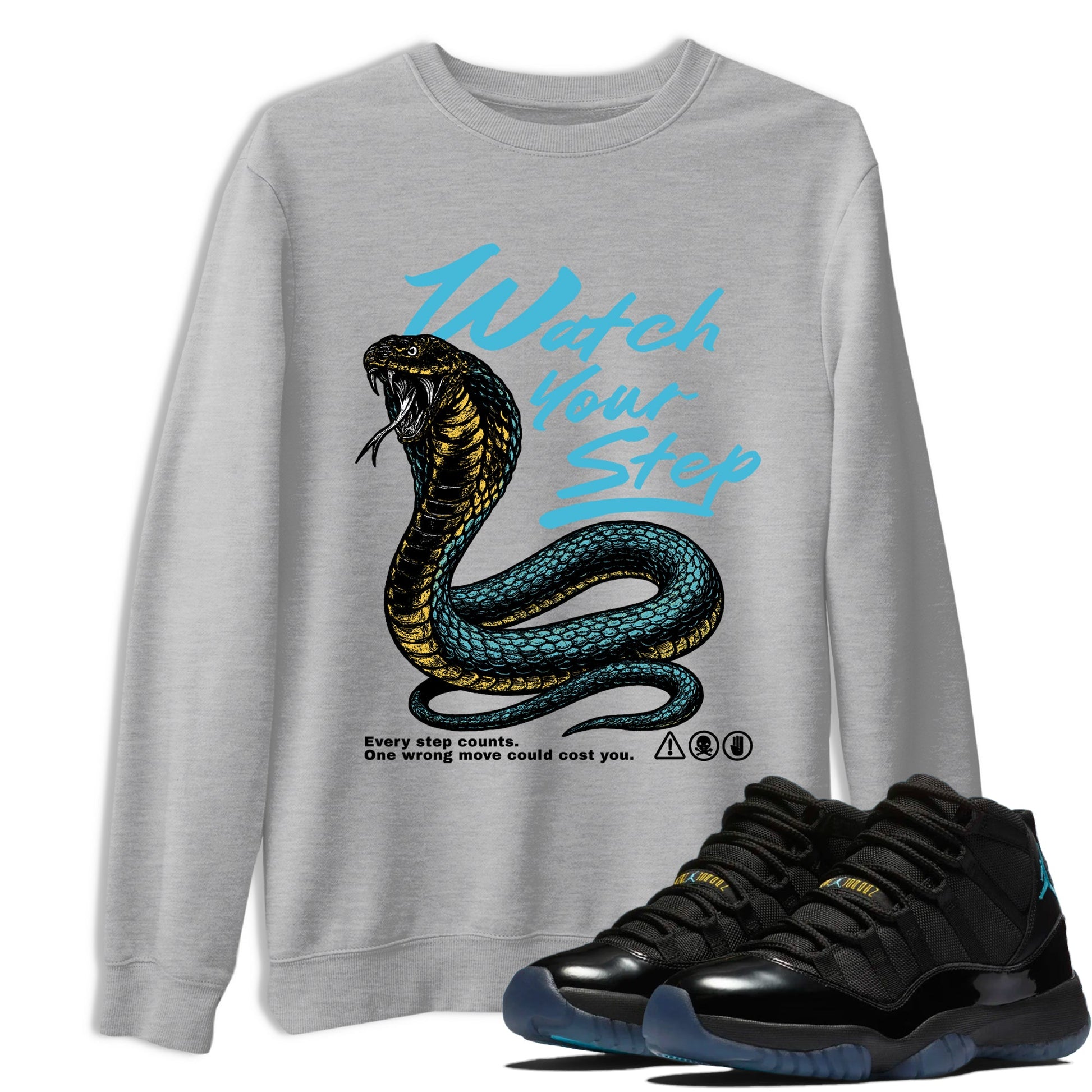 Sneaker Threads – Sneaker Tees To Match Air Jordan 11 Retro Gamma – Watch Your Step Graphic Tee Heather Grey 1. Perfect for Jordan releases 2025 colorways.