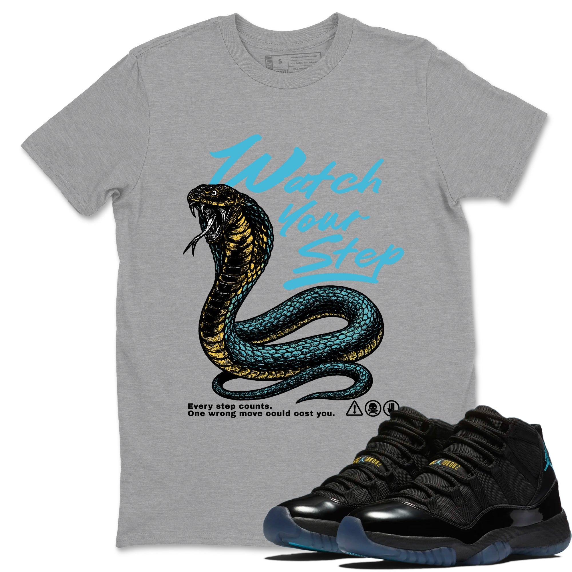Sneaker Threads – Sneaker Tees To Match Air Jordan 11 Retro Gamma – Watch Your Step Graphic Tee Heather Grey 1. Perfect for Jordan releases 2025 colorways.