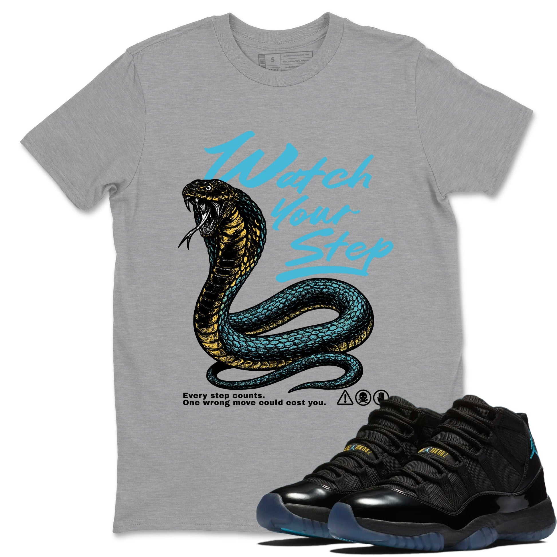 Sneaker Threads – Sneaker Tees To Match Air Jordan 11 Retro Gamma – Watch Your Step Graphic Tee Heather Grey 1. Perfect for Jordan releases 2025 colorways.