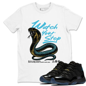 Sneaker Threads – Sneaker Tees To Match Air Jordan 11 Retro Gamma – Watch Your Step Graphic Tee White 1. Perfect for Jordan releases 2025 colorways.