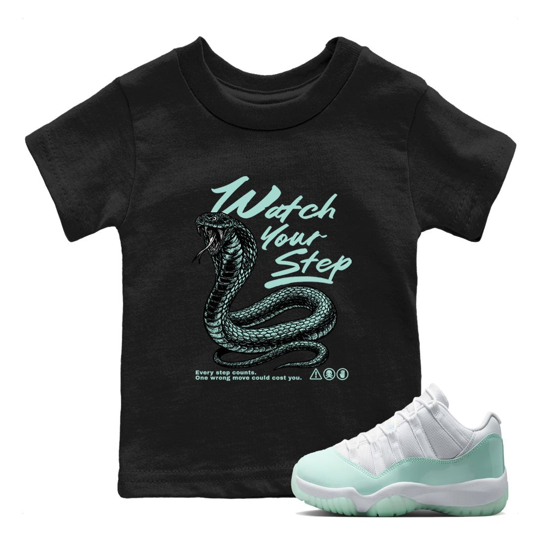 Watch Your Step baby and kids t-shirt crafted for little sneakerheads to shine with the Air Jordan 11 Igloo sneakers, displayed in Black 1.