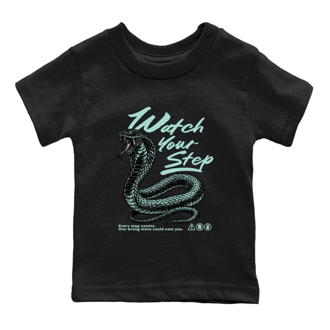 Watch Your Step baby and kids t-shirt crafted for little sneakerheads to shine with the Air Jordan 11 Igloo sneakers, displayed in Black 2.