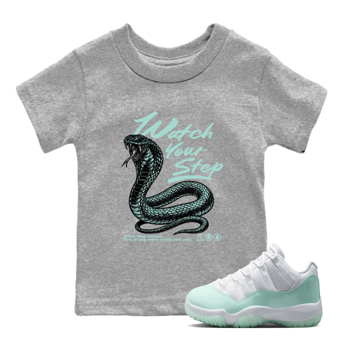 Watch Your Step baby and kids t-shirt crafted for little sneakerheads to shine with the Air Jordan 11 Igloo sneakers, displayed in Heather Grey 1.