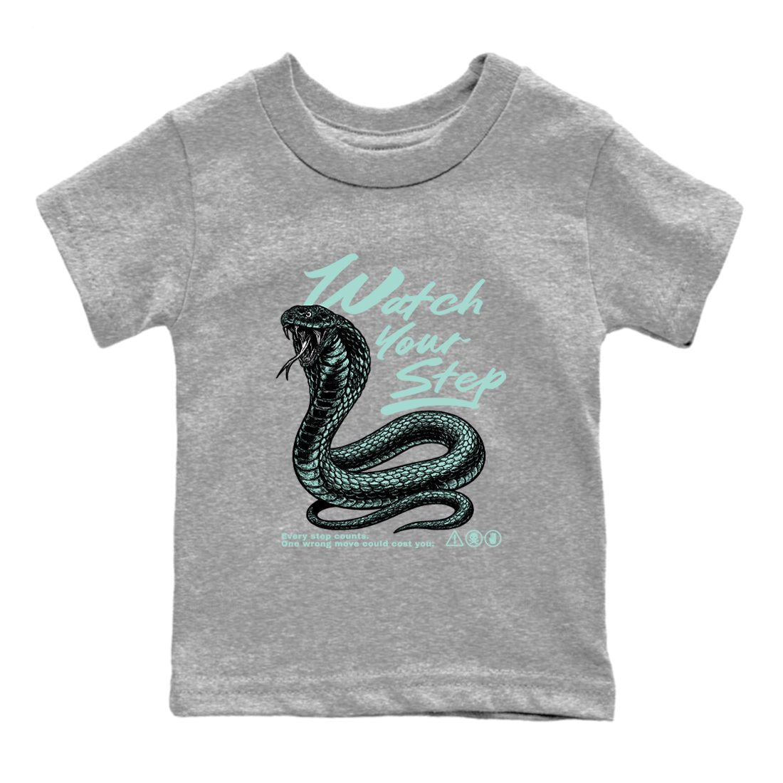 Watch Your Step baby and kids t-shirt crafted for little sneakerheads to shine with the Air Jordan 11 Igloo sneakers, displayed in Heather Grey 2.