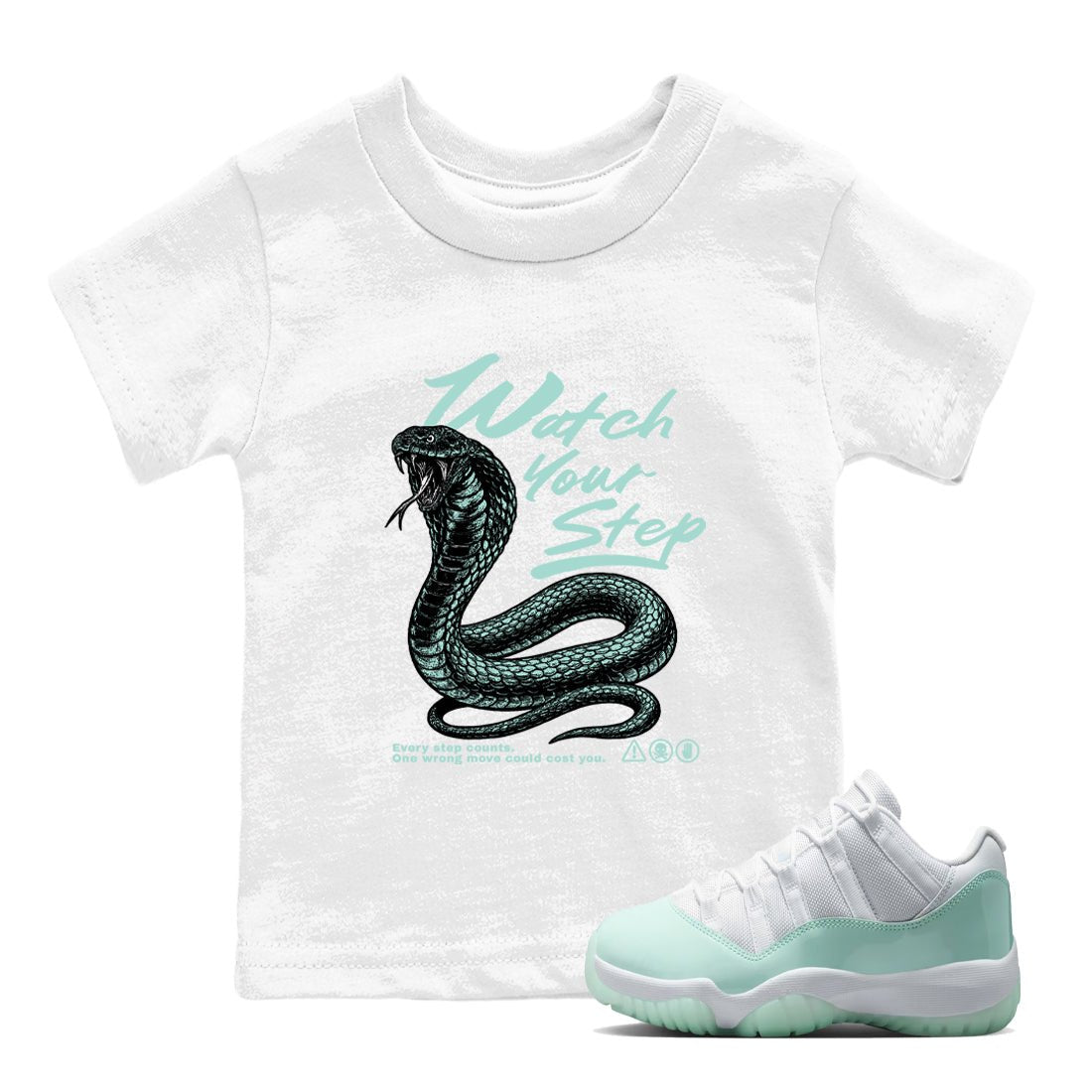 Watch Your Step baby and kids t-shirt crafted for little sneakerheads to shine with the Air Jordan 11 Igloo sneakers, displayed in White 1.