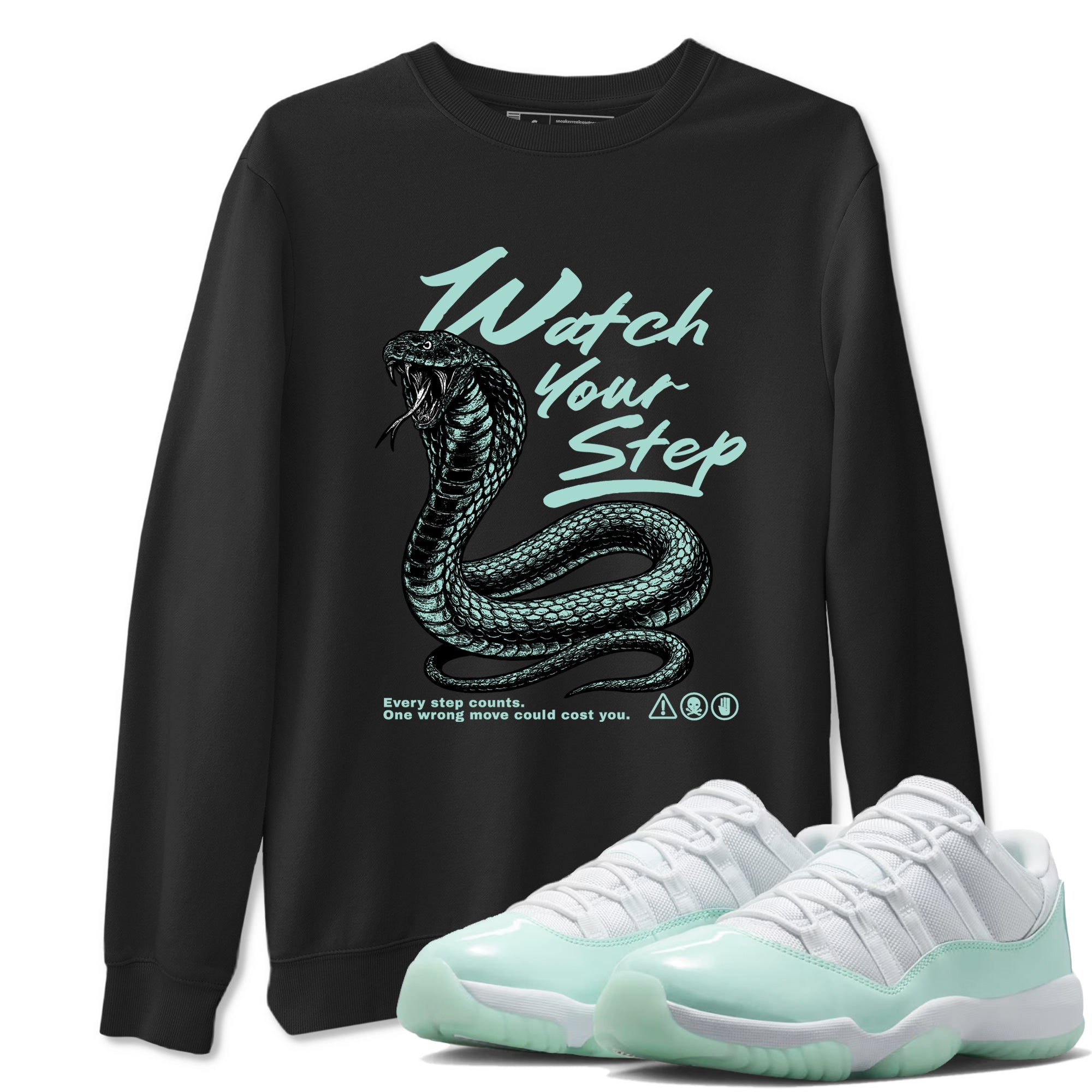 Watch Your Step sneaker match t-shirt styled to complete your fit with the Air Jordan 11 Igloo sneakers, shown in Black 1.