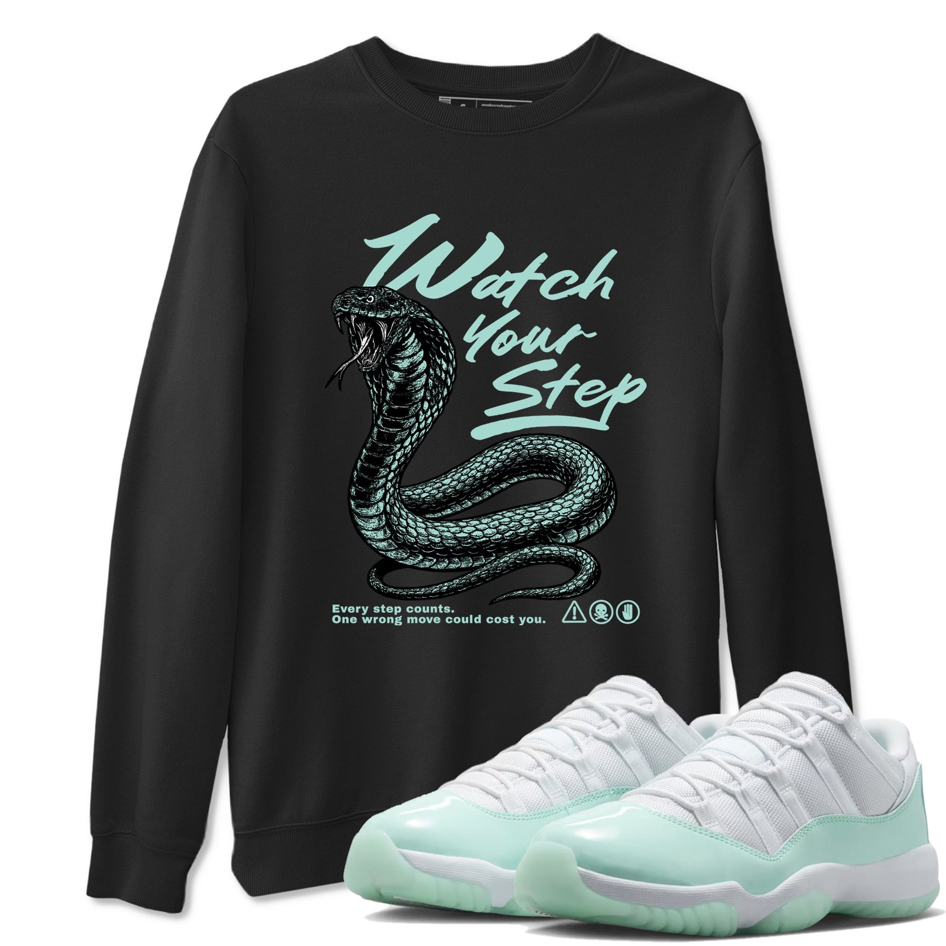 Watch Your Step sneaker match t-shirt styled to complete your fit with the Air Jordan 11 Igloo sneakers, shown in Black 1.